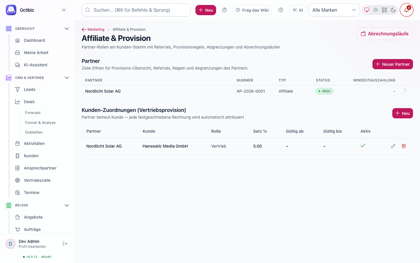 Ansicht Partnerprogramm &amp; Provisionen in Octibiz