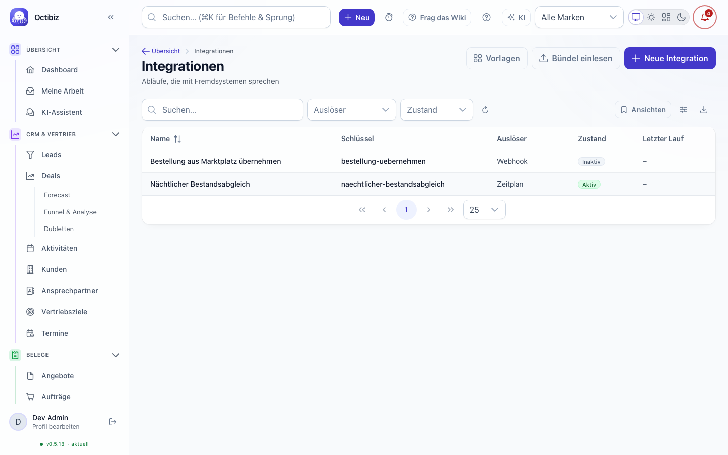 Ansicht Integrations-Hub in Octibiz