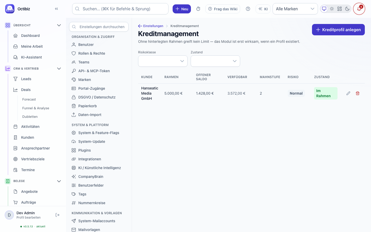 Ansicht Kreditmanagement in Octibiz