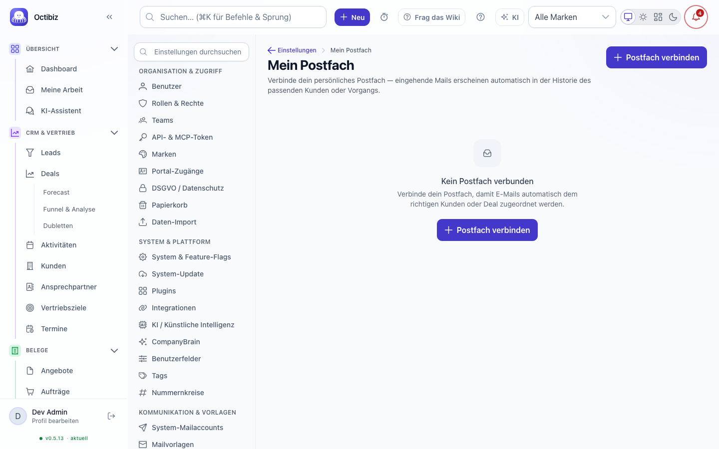 Ansicht Mein Vertriebs-Postfach in Octibiz