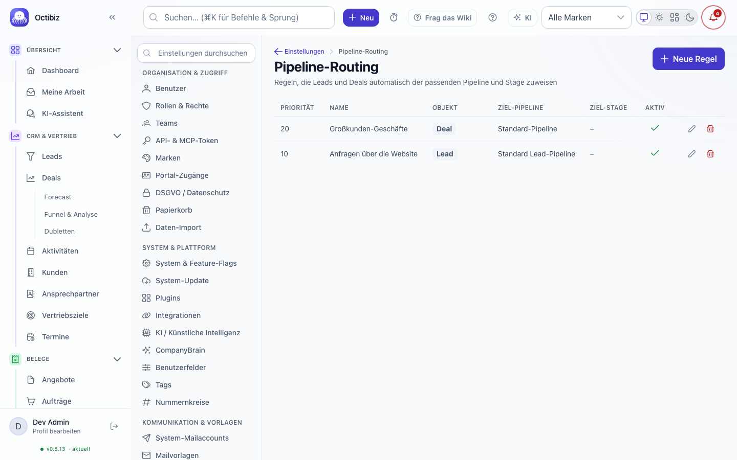 Ansicht Pipeline-Routing in Octibiz