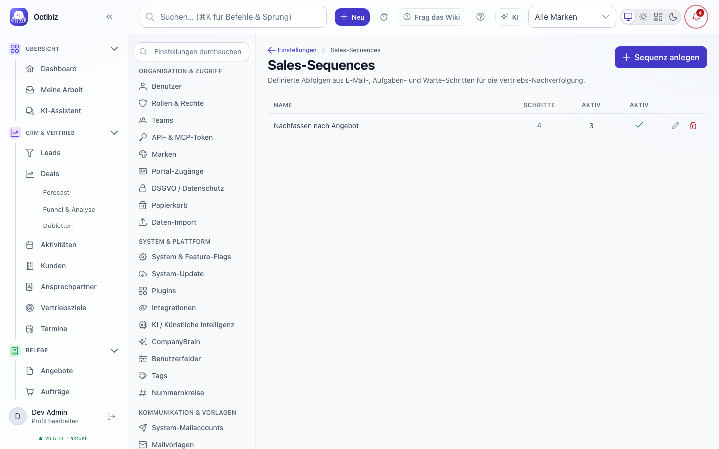 Ansicht Sales-Sequences in Octibiz