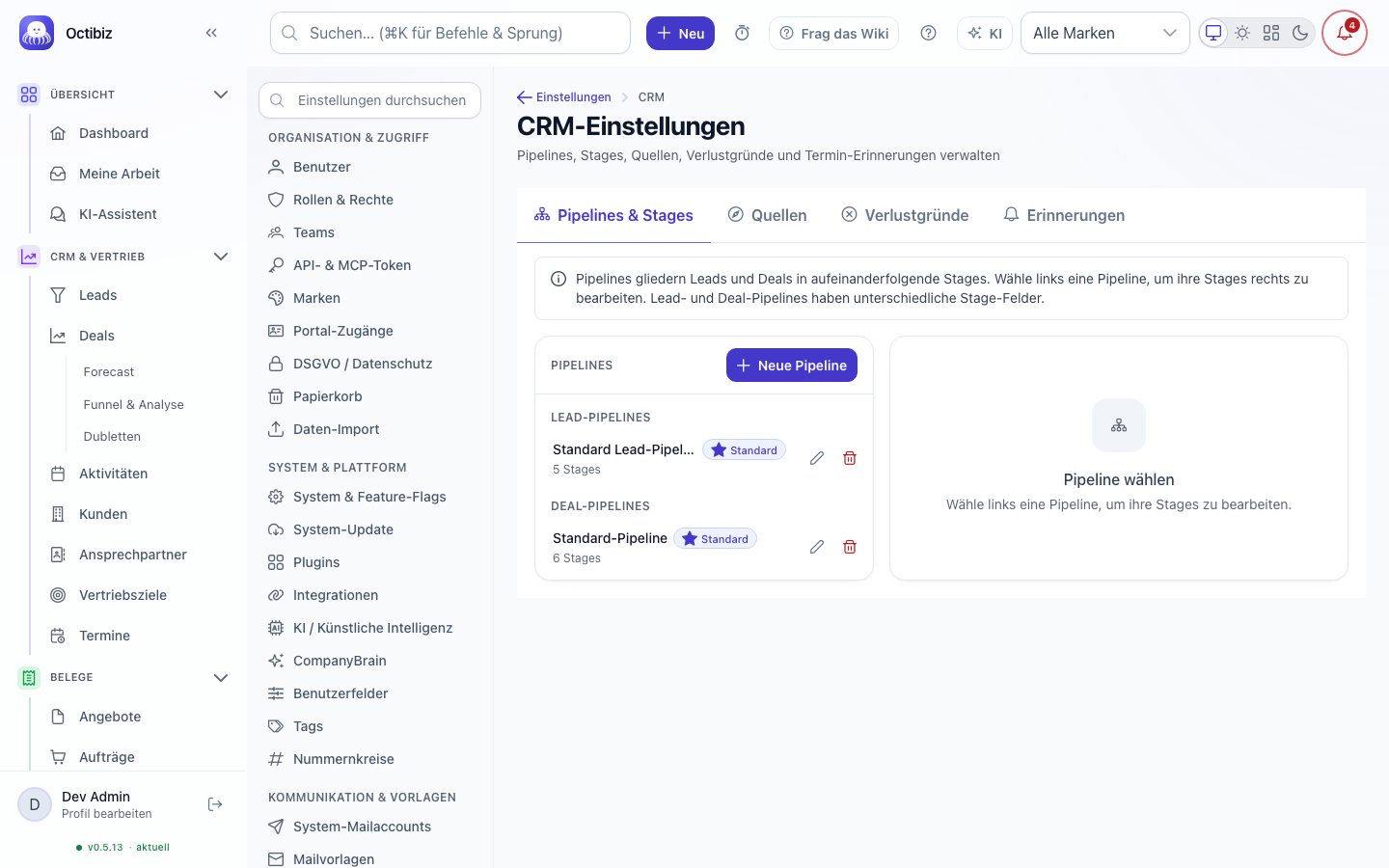 Ansicht CRM-Einstellungen in Octibiz