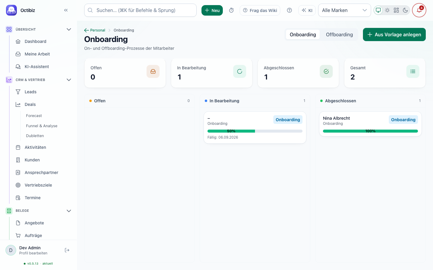 Ansicht Onboarding in Octibiz