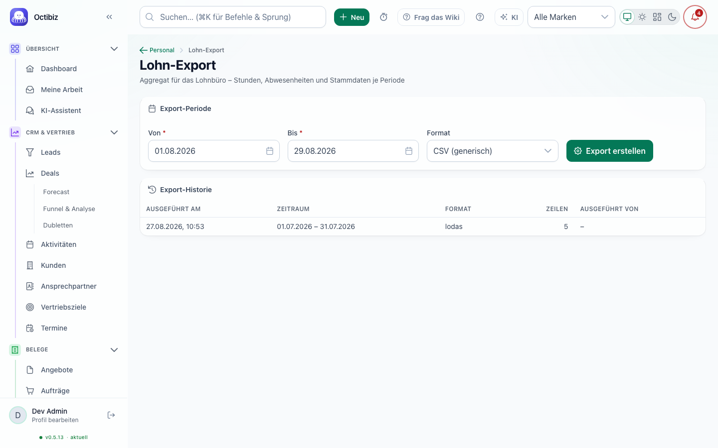 Ansicht Lohn-Export in Octibiz