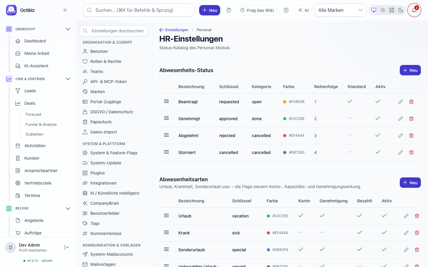 Ansicht HR-Einstellungen in Octibiz