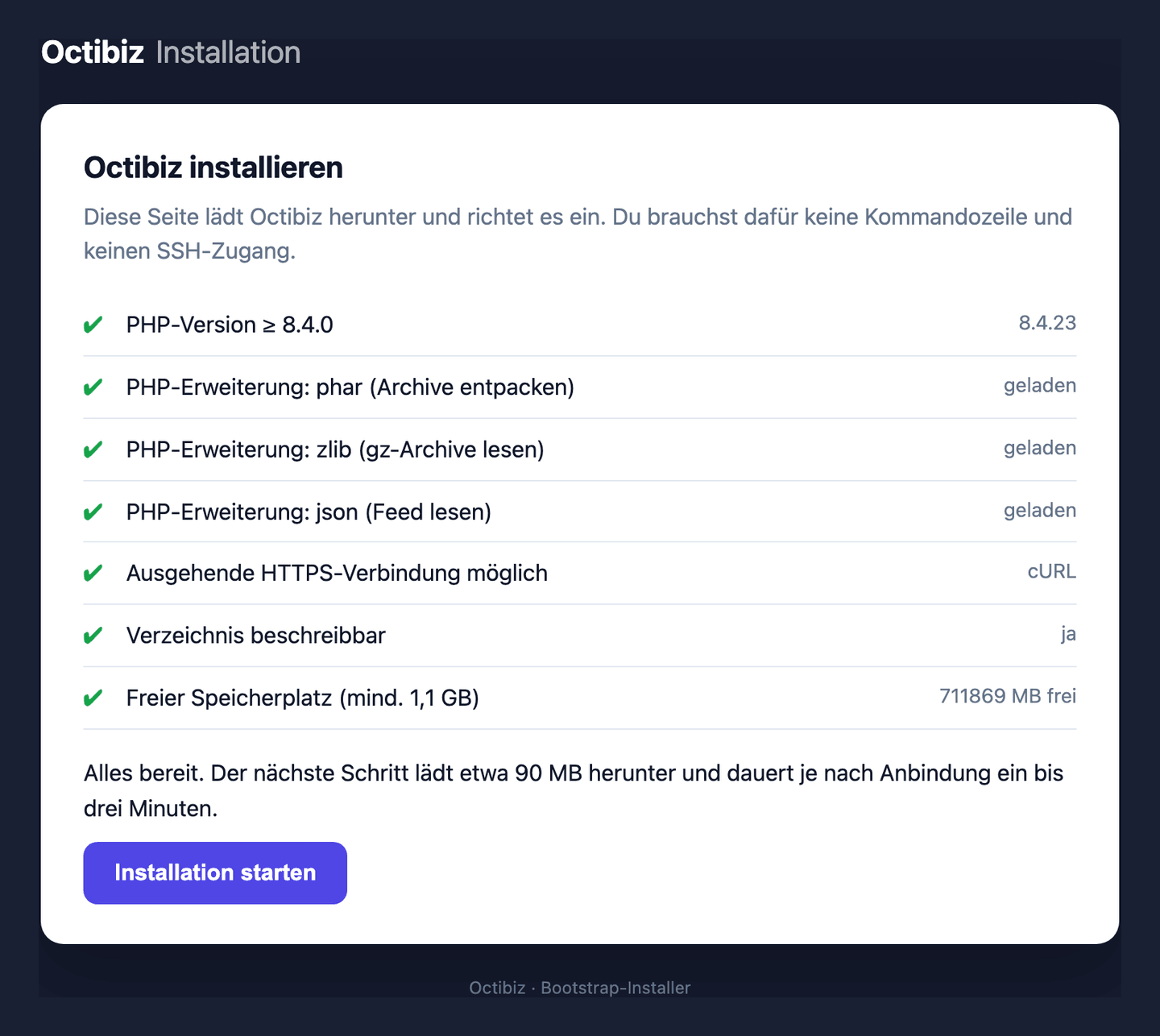 Der Bootstrap-Installer nach dem Aufruf: alle Voraussetzungen erfüllt