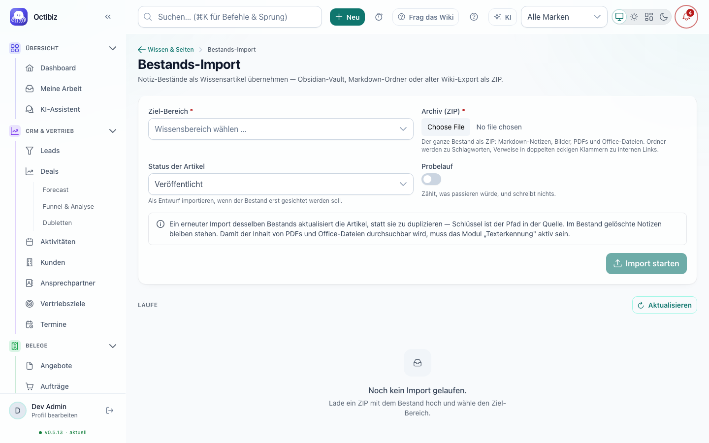 Ansicht Wissen: Bestands-Import in Octibiz