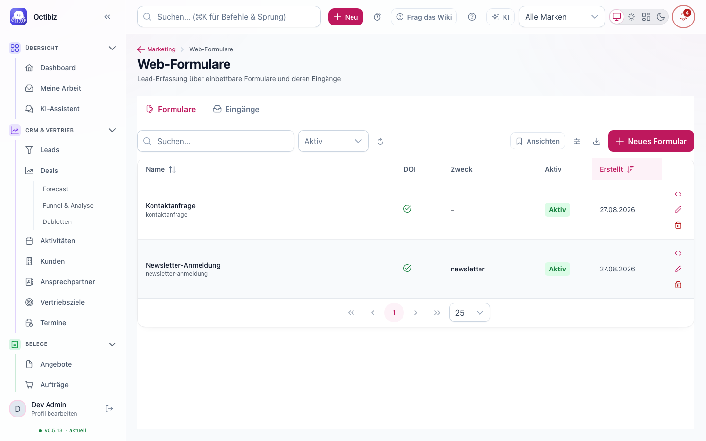 Ansicht Web-Formulare in Octibiz