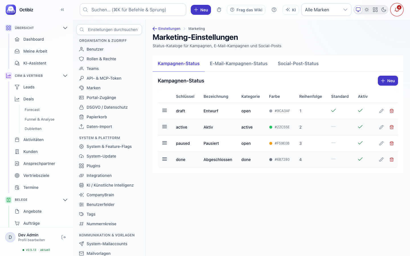 Ansicht Marketing-Einstellungen in Octibiz