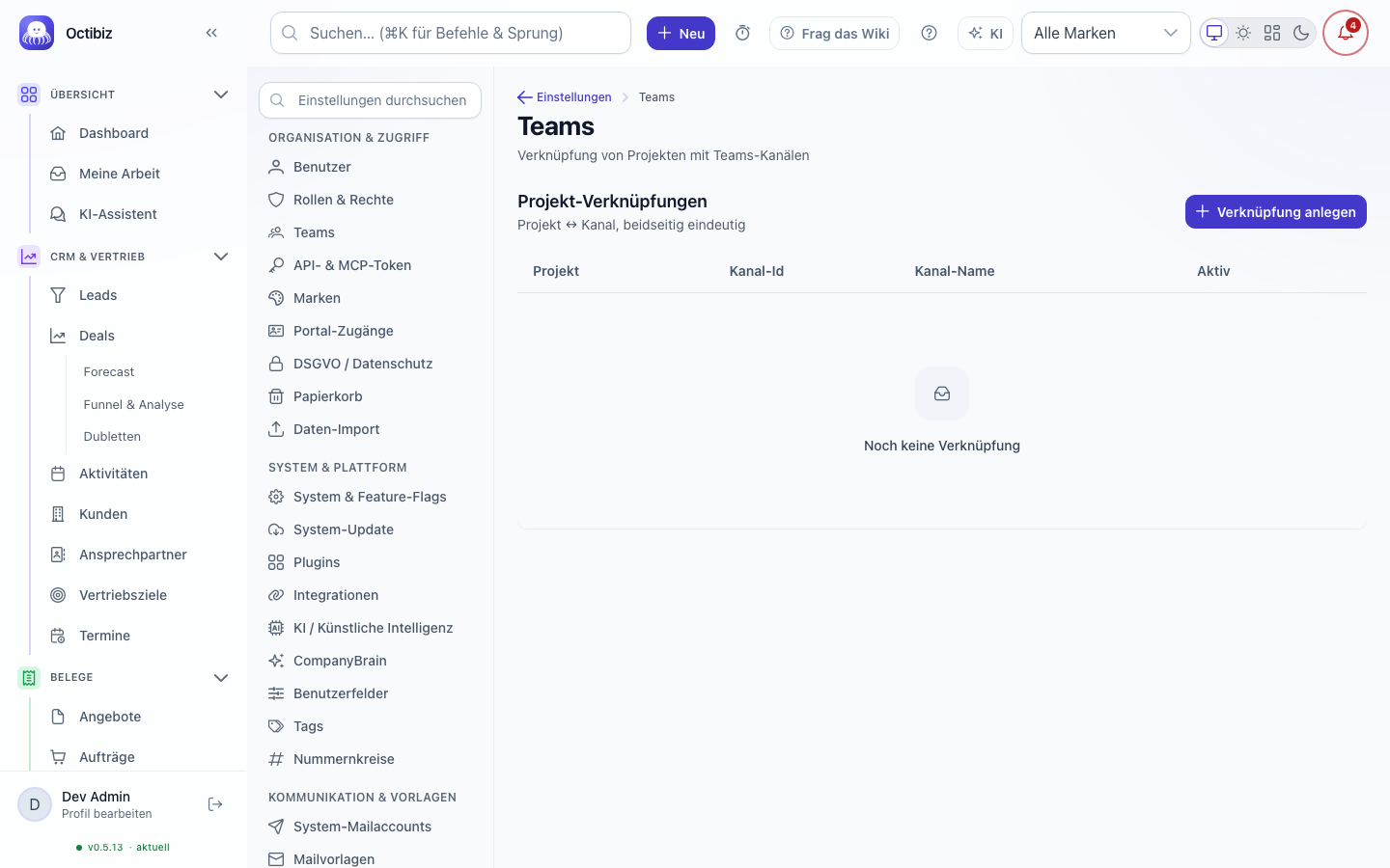 Ansicht Microsoft Teams verbinden in Octibiz