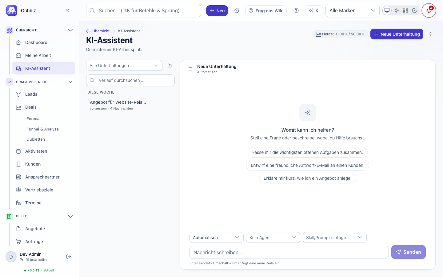 Ansicht KI-Assistent in Octibiz