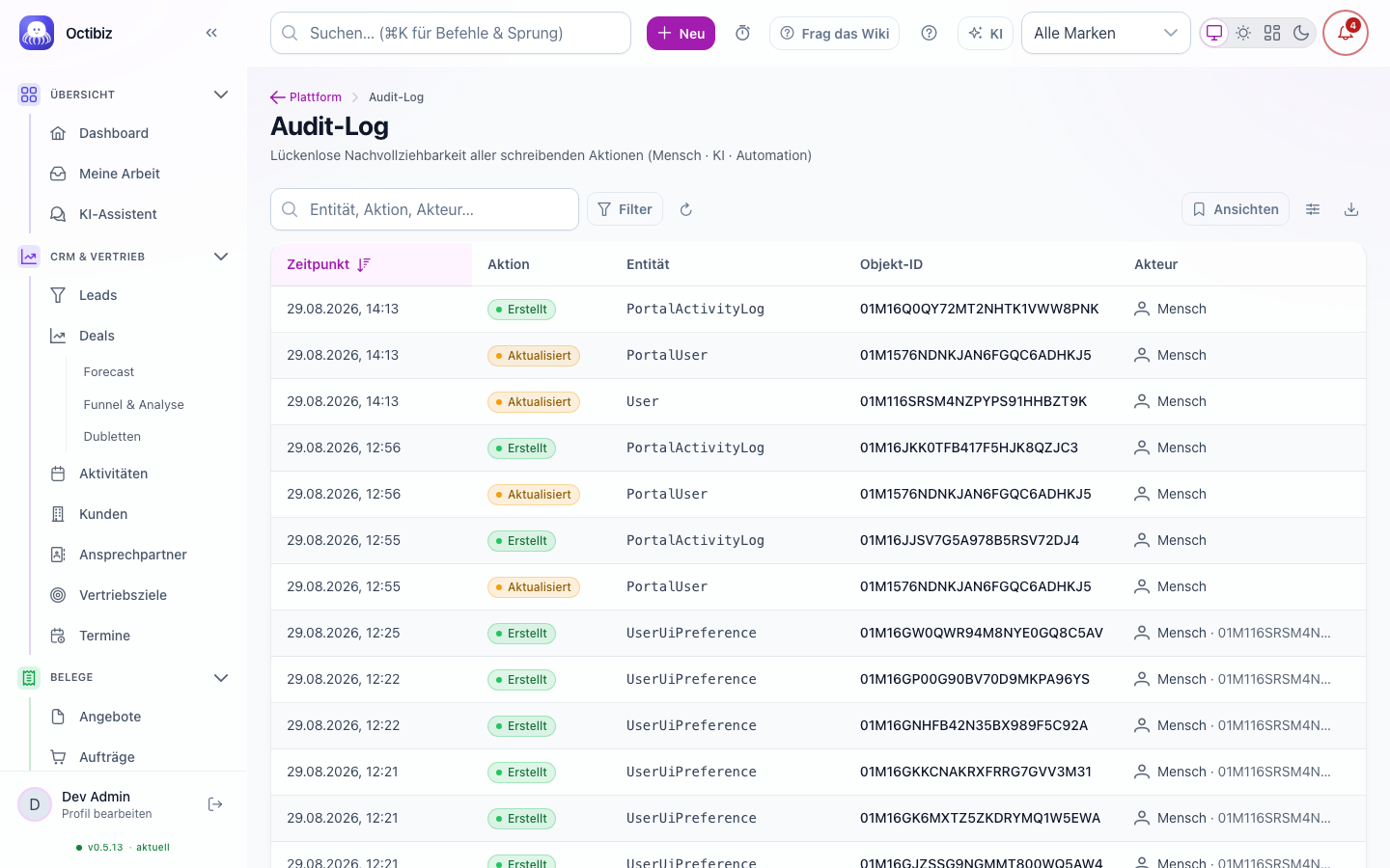Ansicht Audit-Log in Octibiz