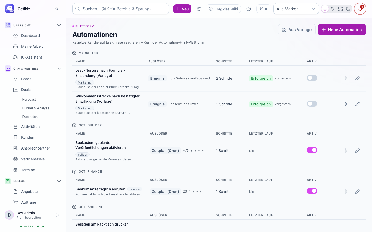 Ansicht Automationen in Octibiz