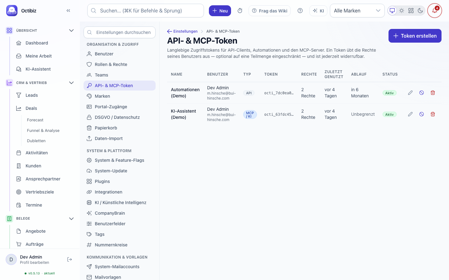 Ansicht API- &amp; MCP-Token in Octibiz