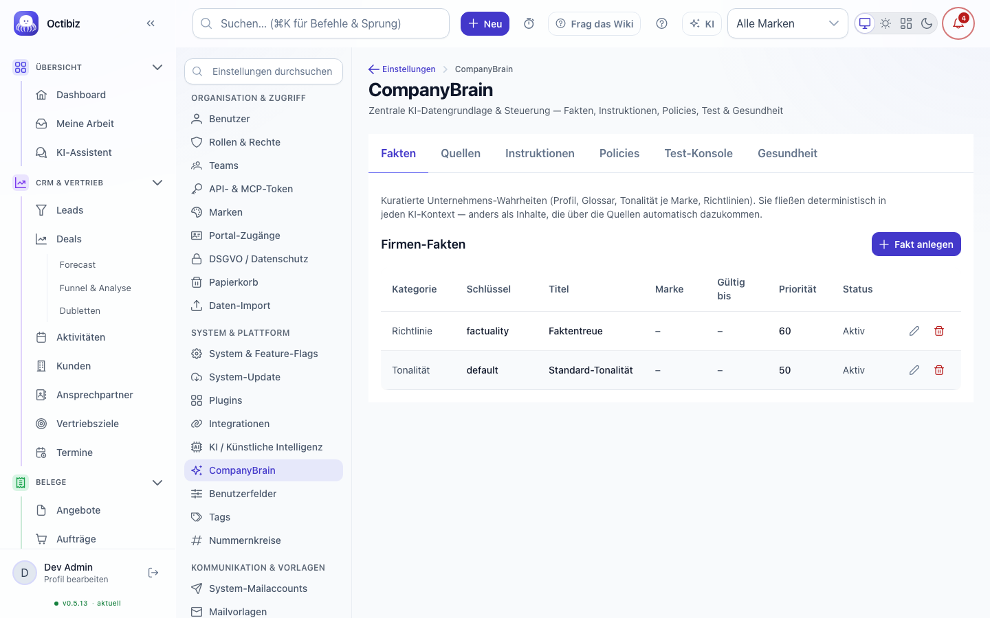 Ansicht CompanyBrain in Octibiz