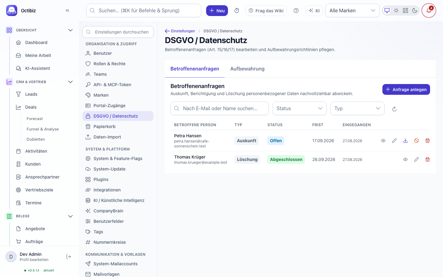 Ansicht DSGVO / Datenschutz in Octibiz