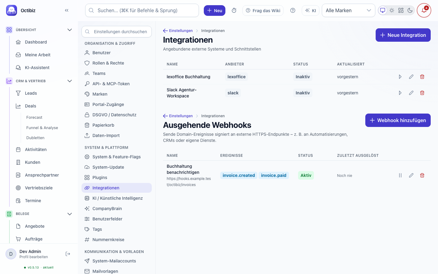 Ansicht Integrationen in Octibiz