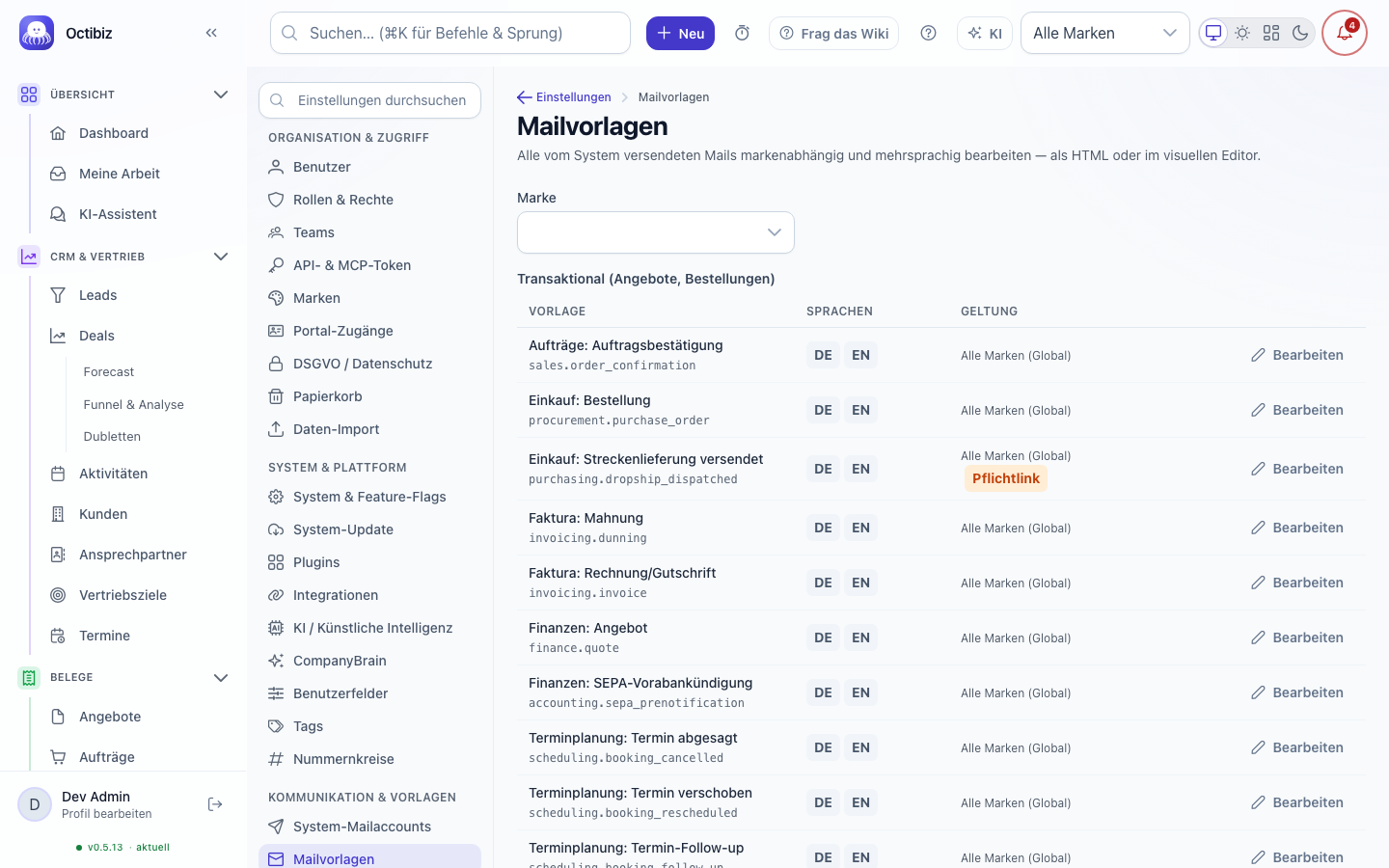 Ansicht Mailvorlagen in Octibiz