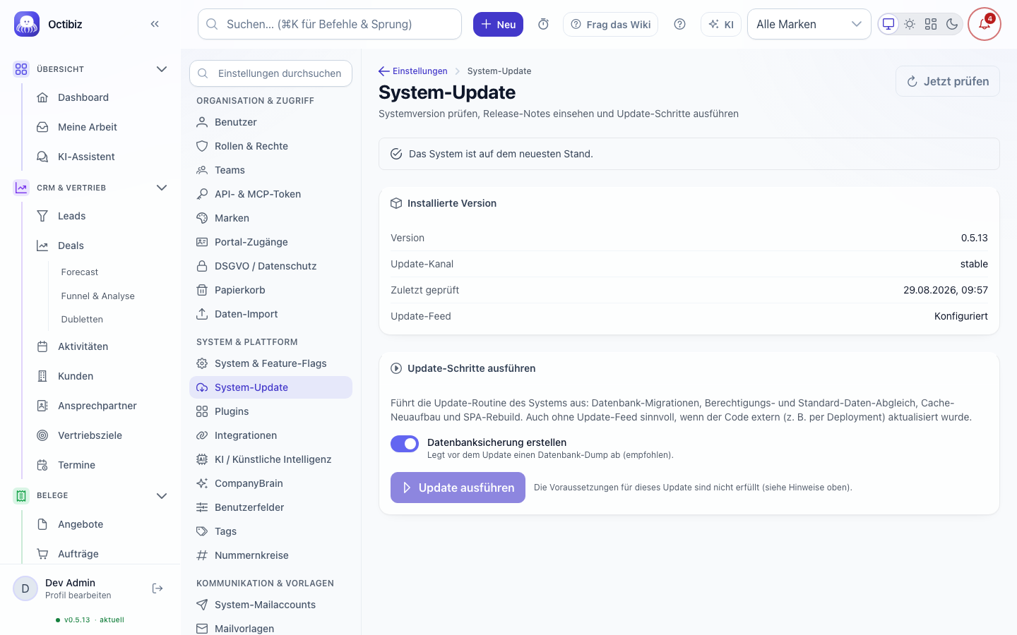 Ansicht System-Update in Octibiz