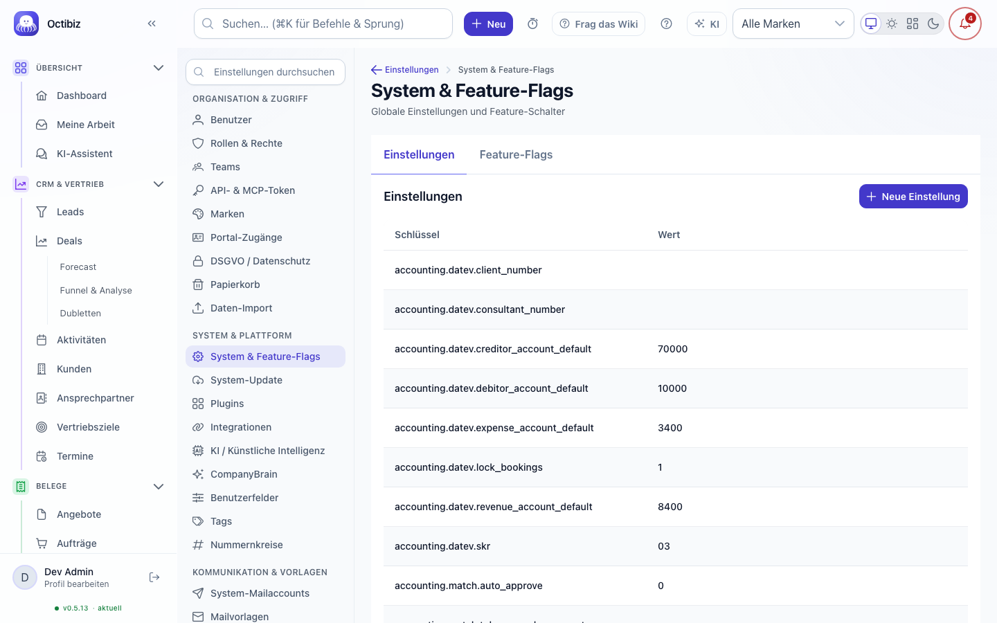 Ansicht System &amp; Feature-Flags in Octibiz