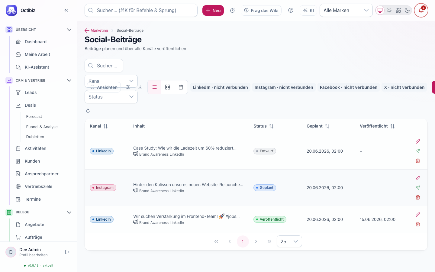 Ansicht Social-Beiträge in Octibiz