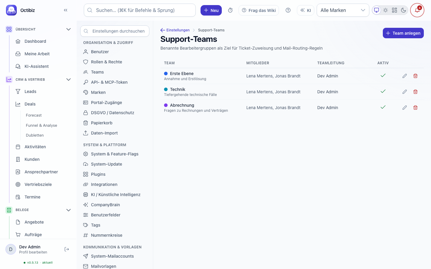Ansicht Support-Teams in Octibiz