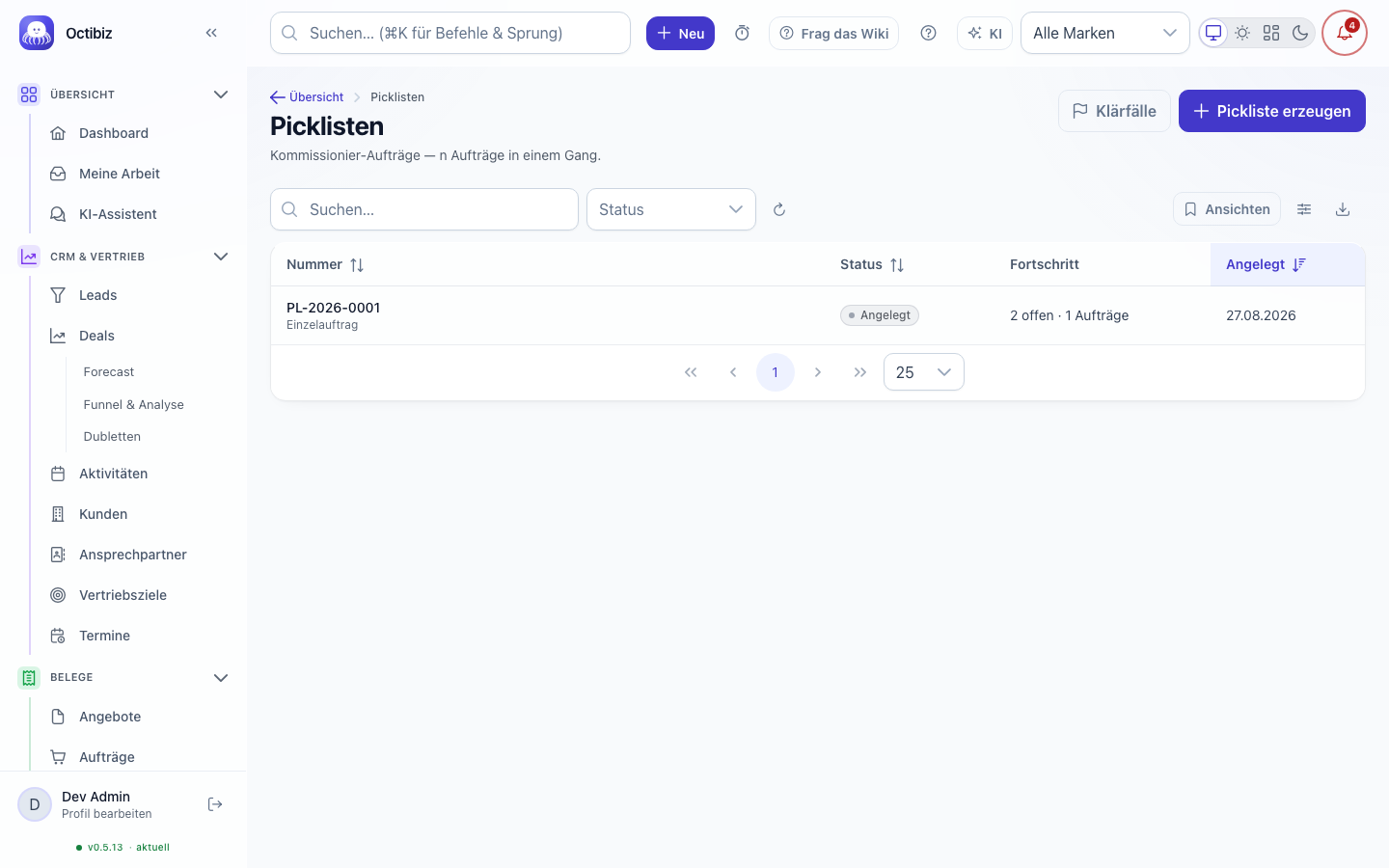 Ansicht Picklisten in Octibiz