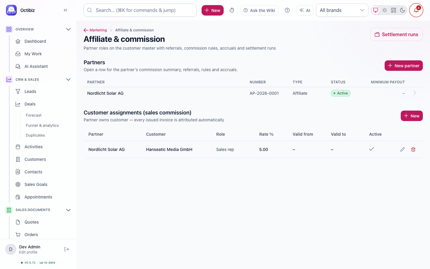 Partner programme &amp; commissions screen in Octibiz
