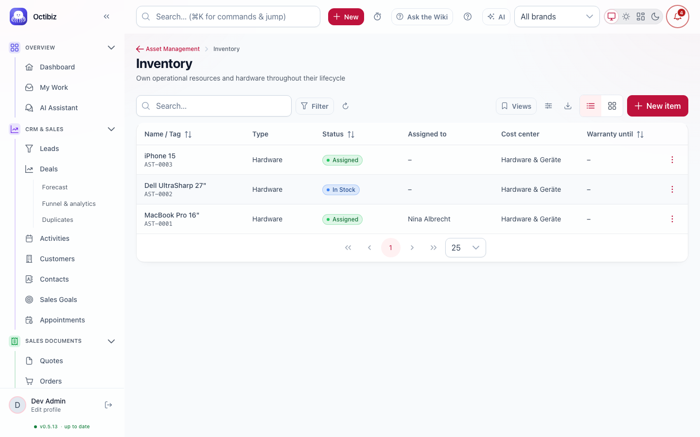 Inventory & internal licences screen in Octibiz