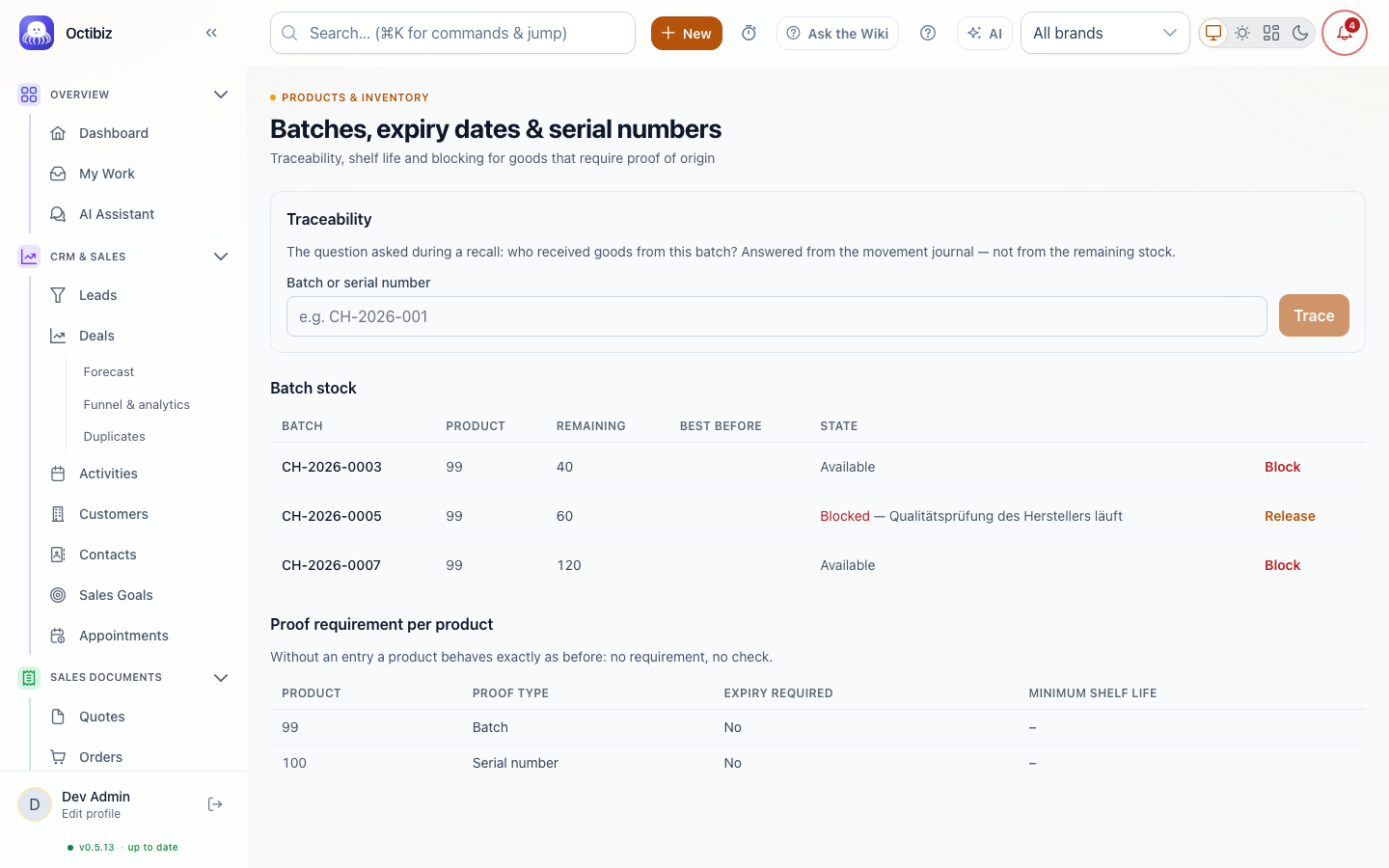 Batches, expiry &amp; serial numbers screen in Octibiz