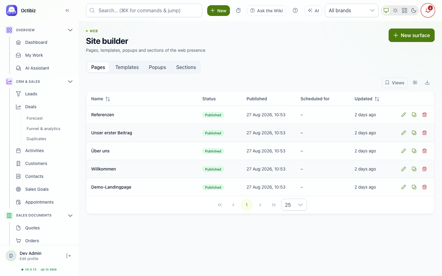 Web builder screen in Octibiz
