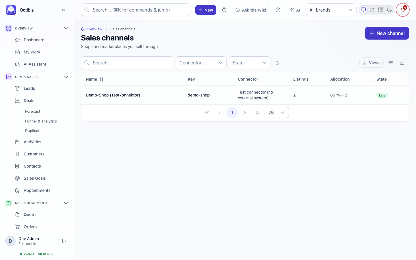 Sales channels screen in Octibiz