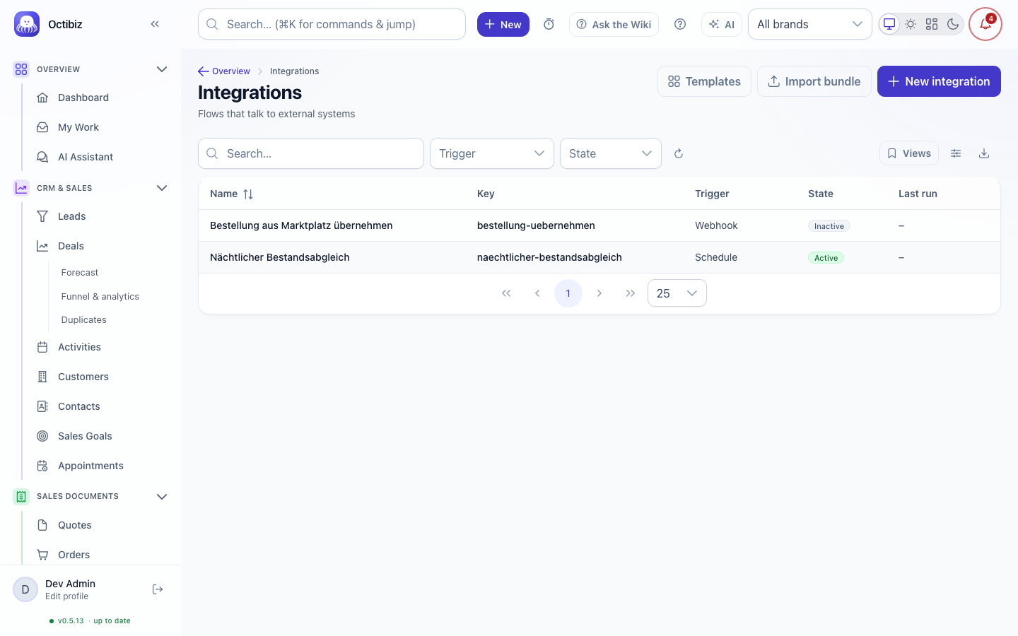 Integration hub screen in Octibiz