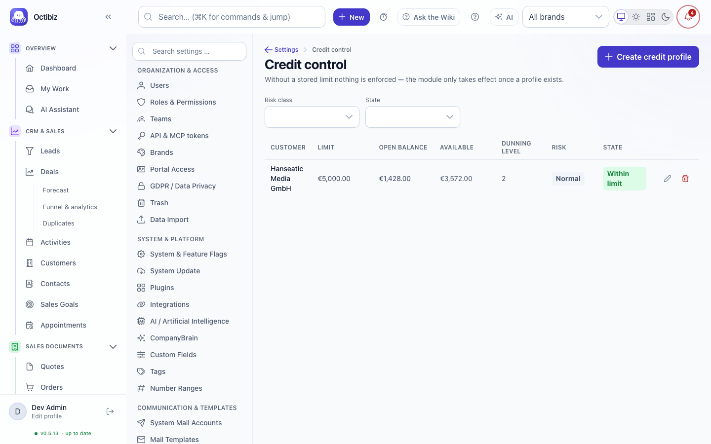 Credit control screen in Octibiz