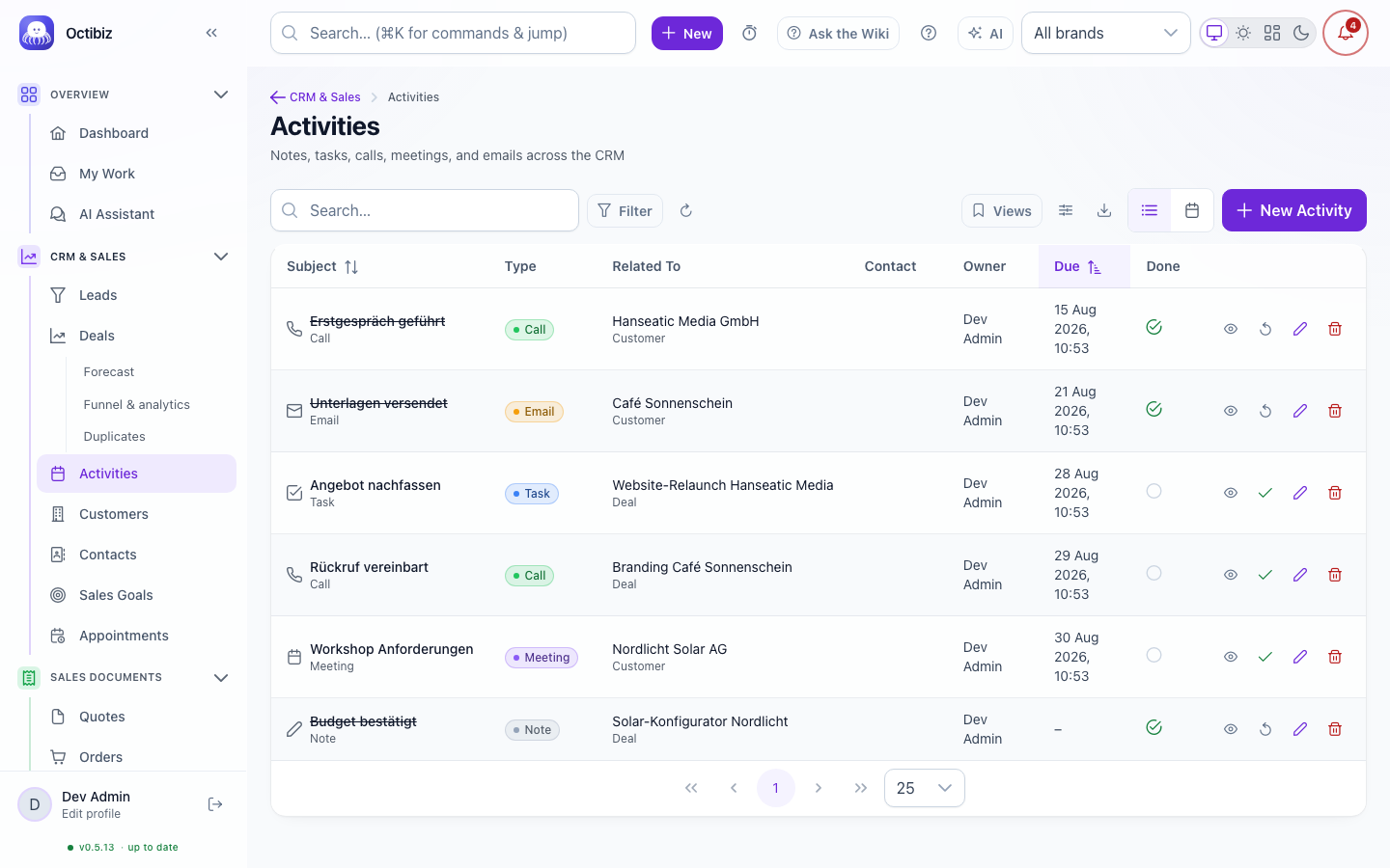 Activities screen in Octibiz