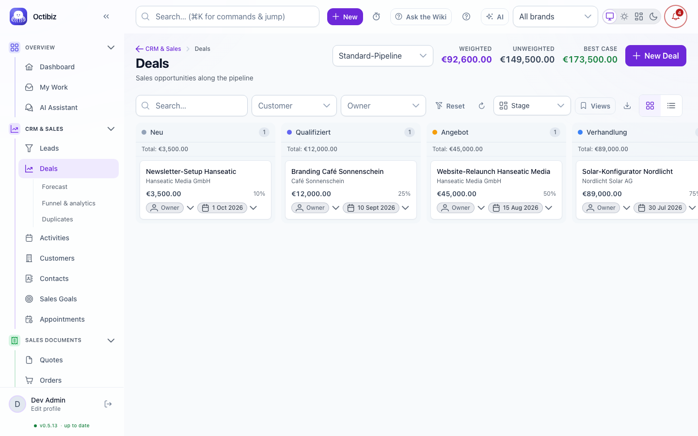 Deals screen in Octibiz