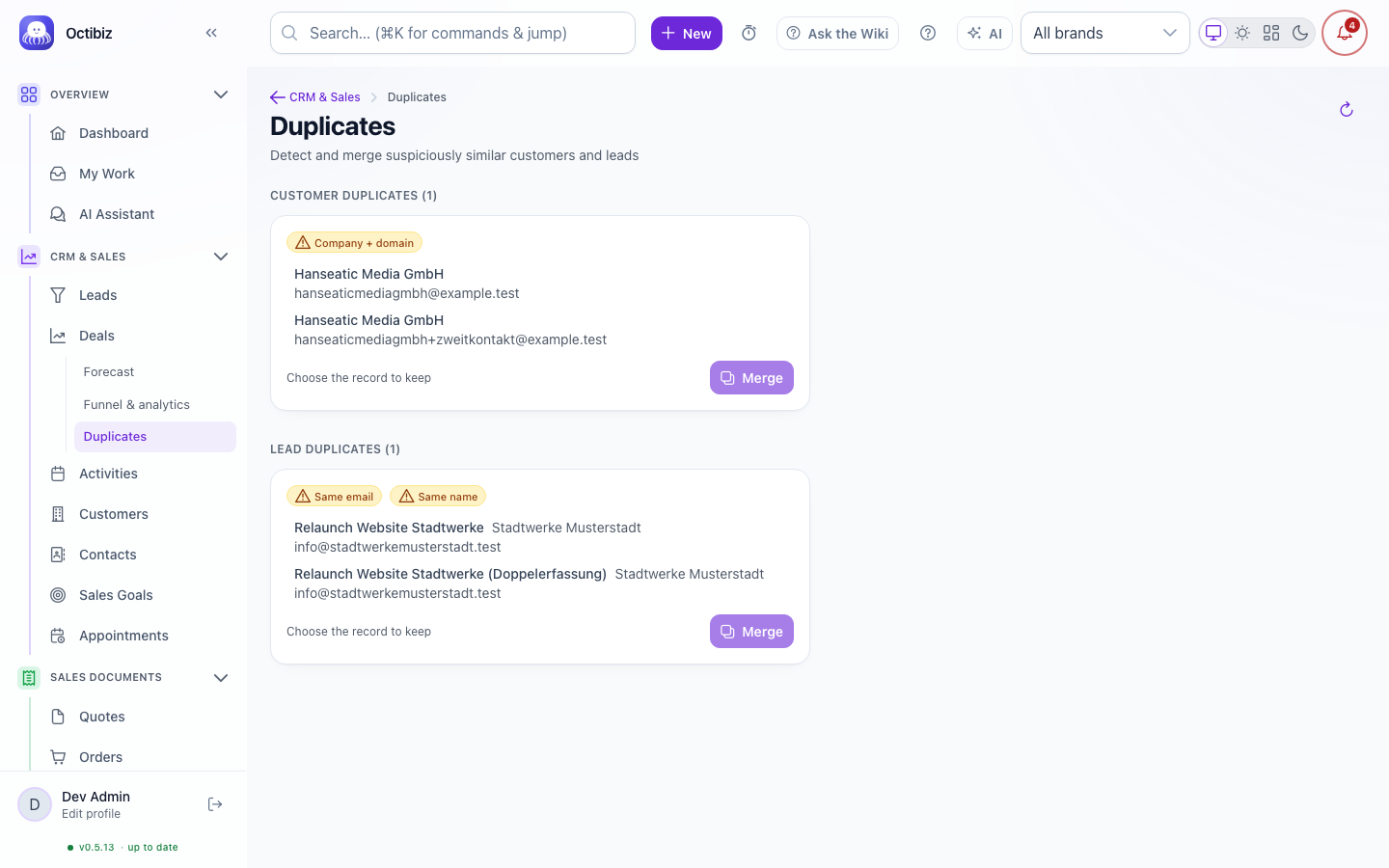 Duplicates screen in Octibiz