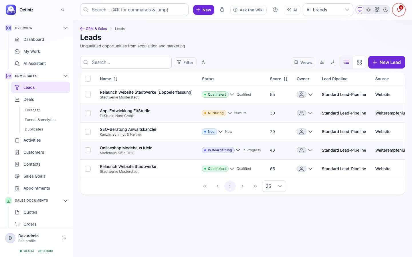 CRM screen in Octibiz