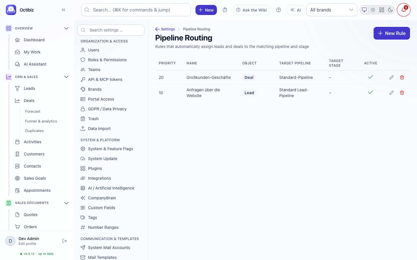 Pipeline routing screen in Octibiz
