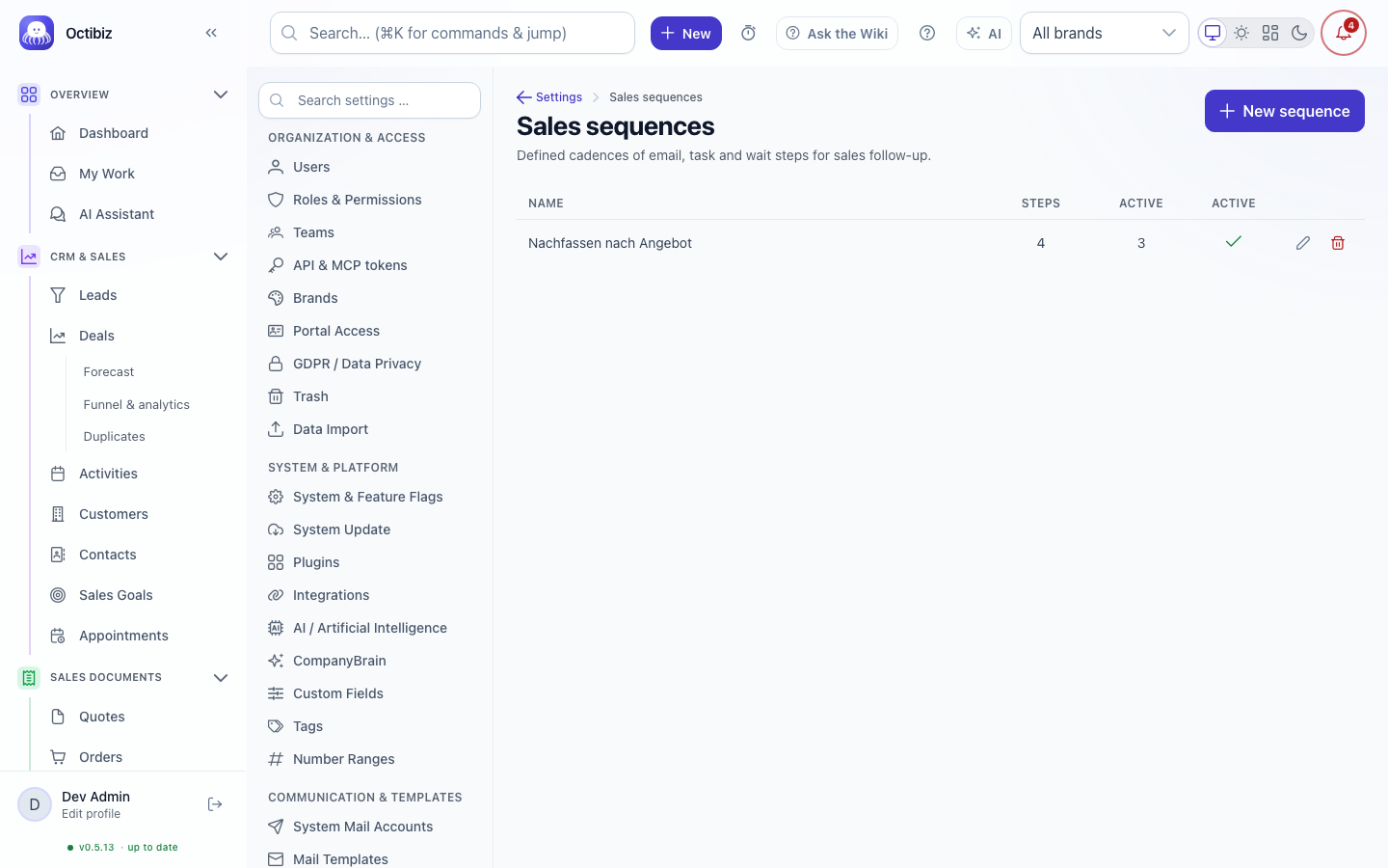 Sales sequences screen in Octibiz