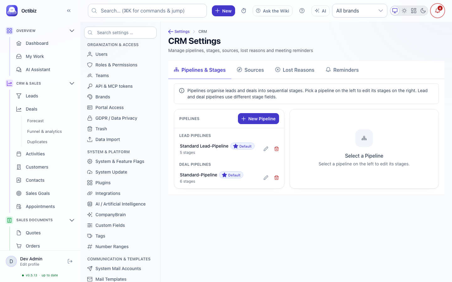 CRM settings screen in Octibiz