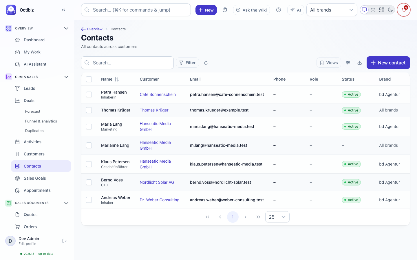 Contacts screen in Octibiz