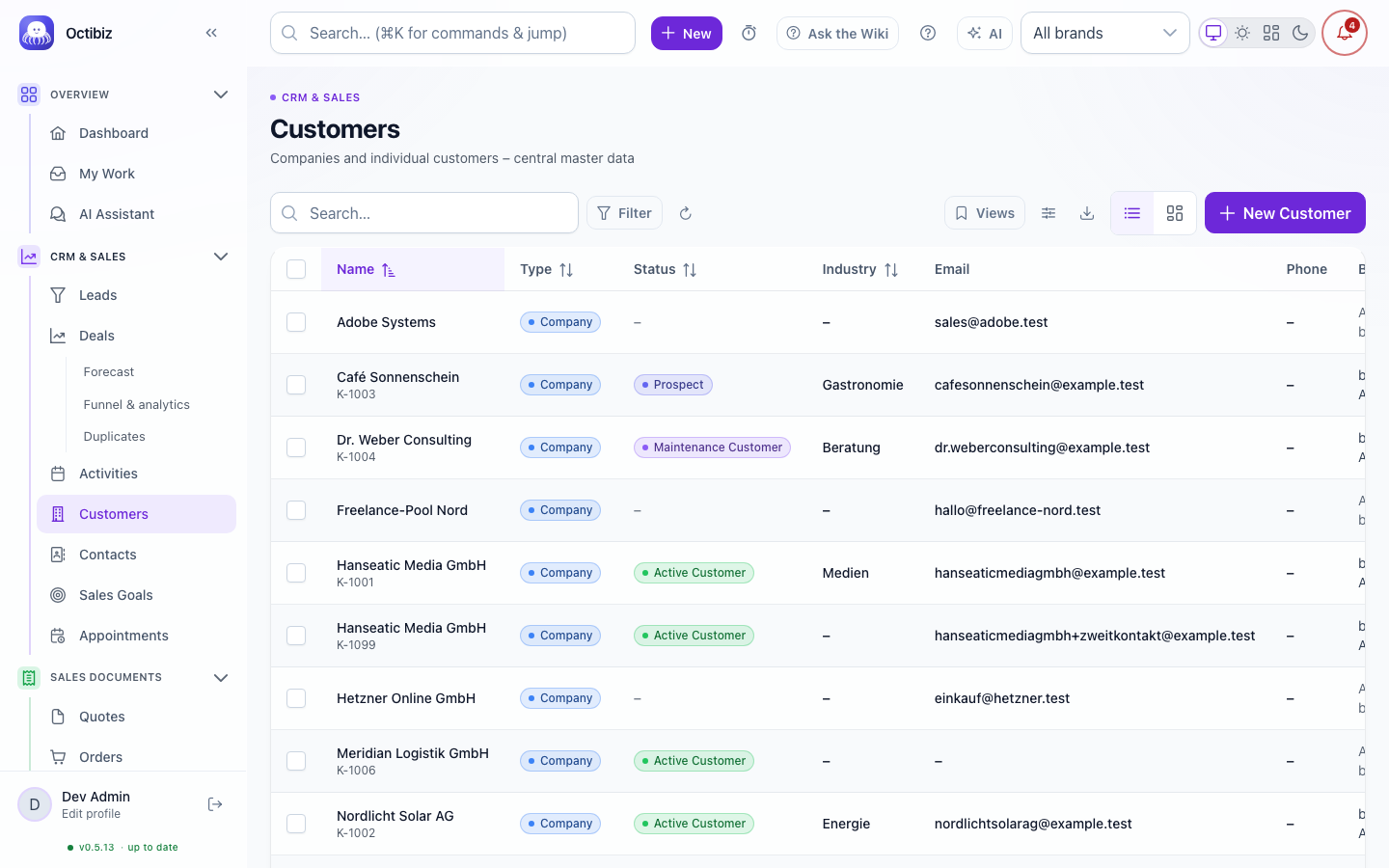 Customers screen in Octibiz