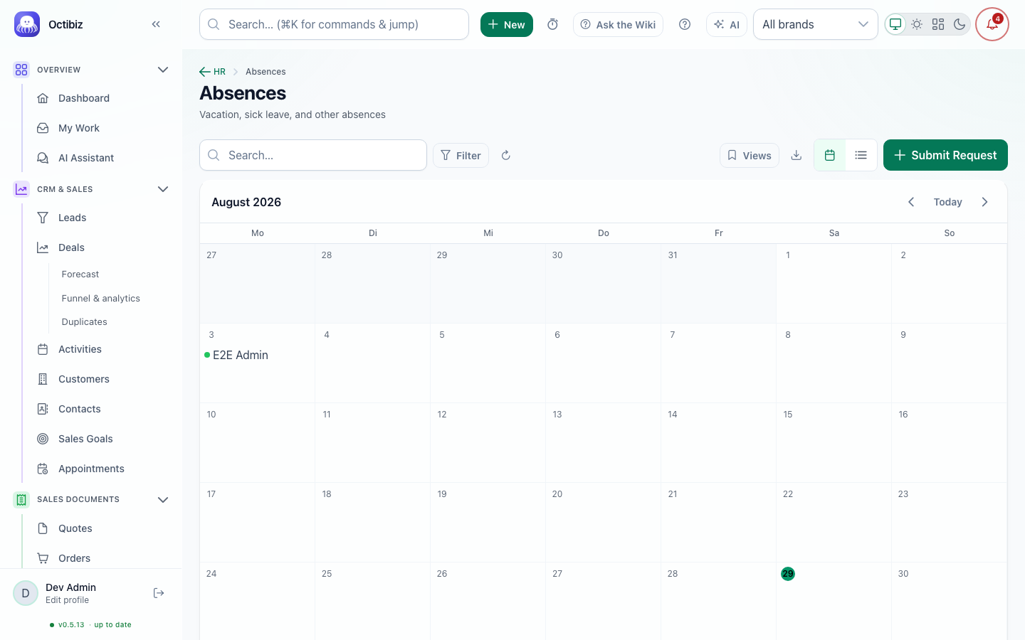 Absences screen in Octibiz
