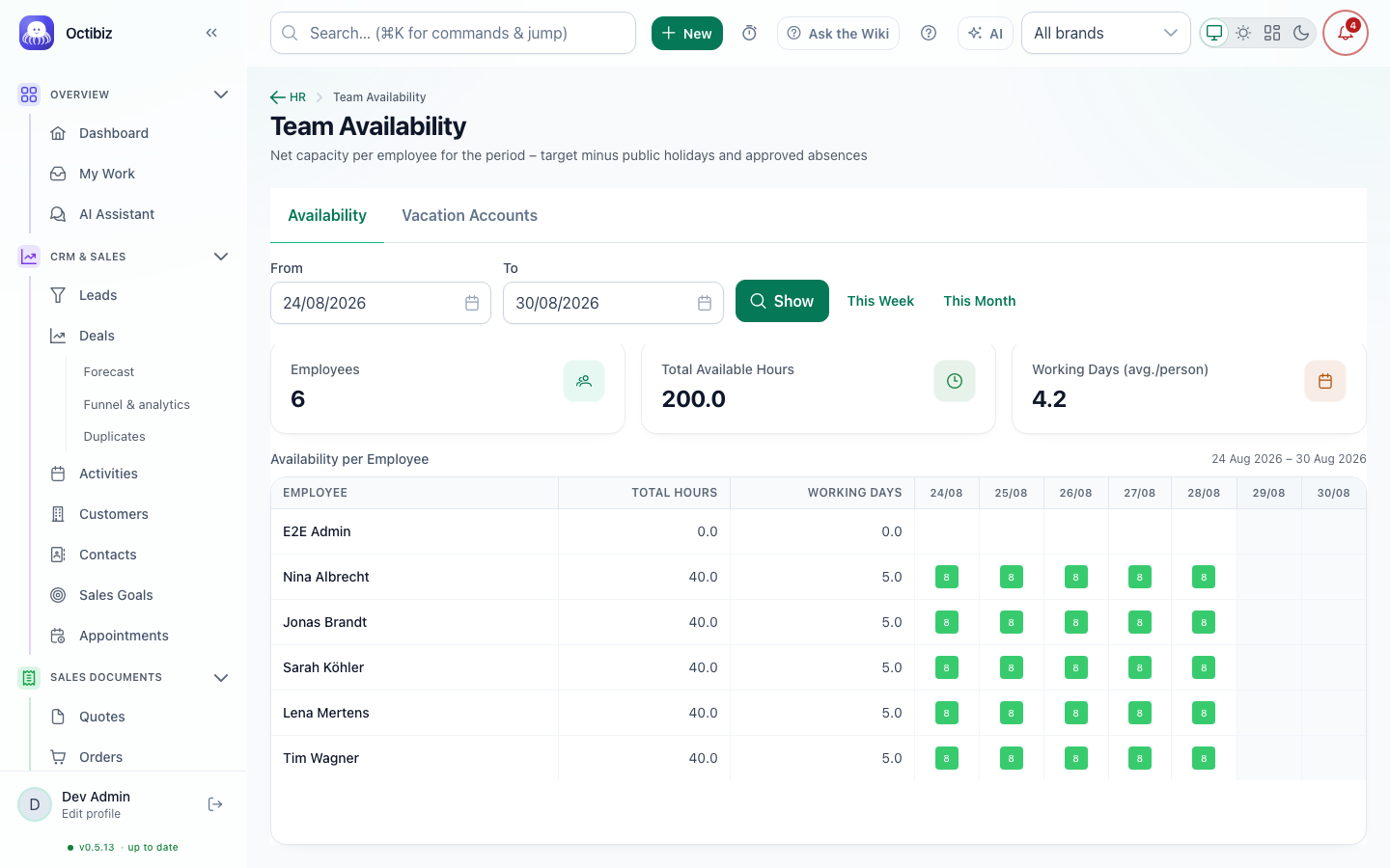 Team availability screen in Octibiz