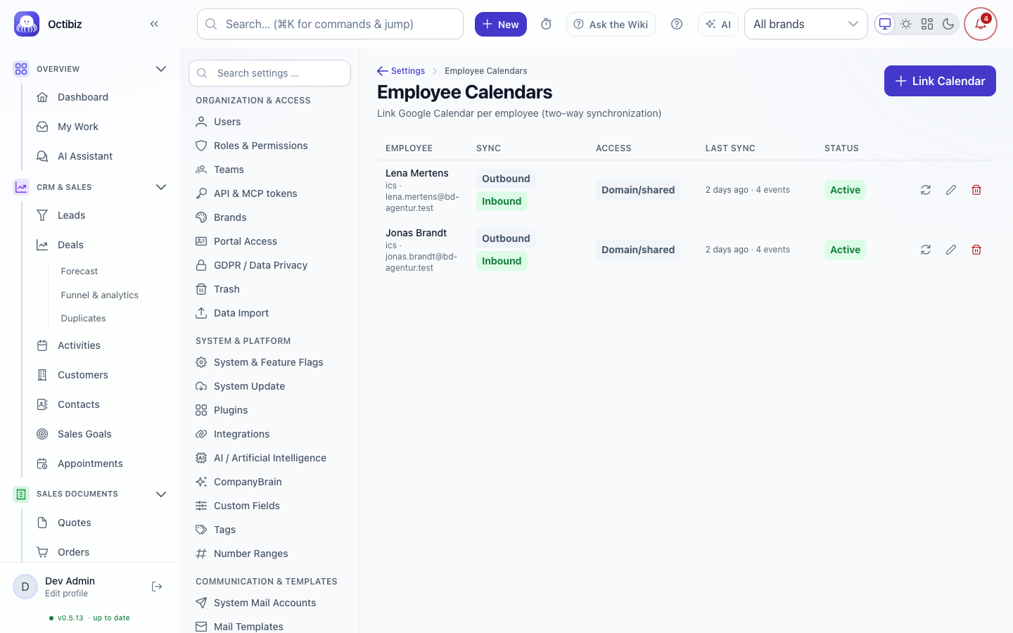 Employee calendars screen in Octibiz