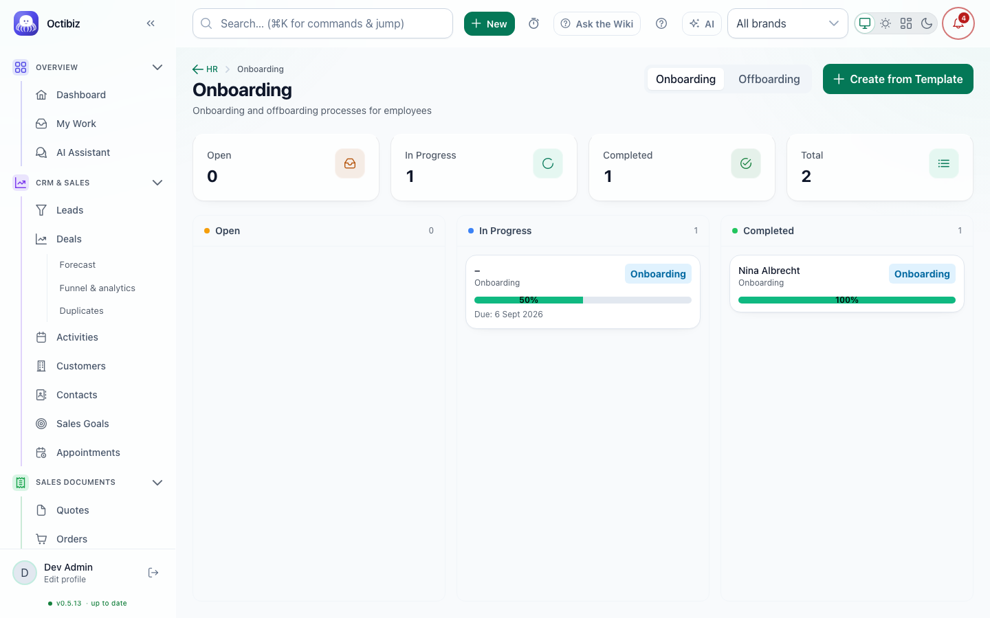 Onboarding screen in Octibiz