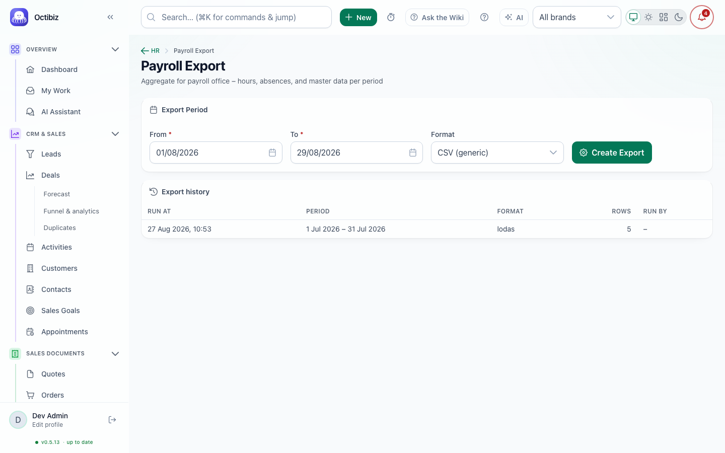 Payroll export screen in Octibiz