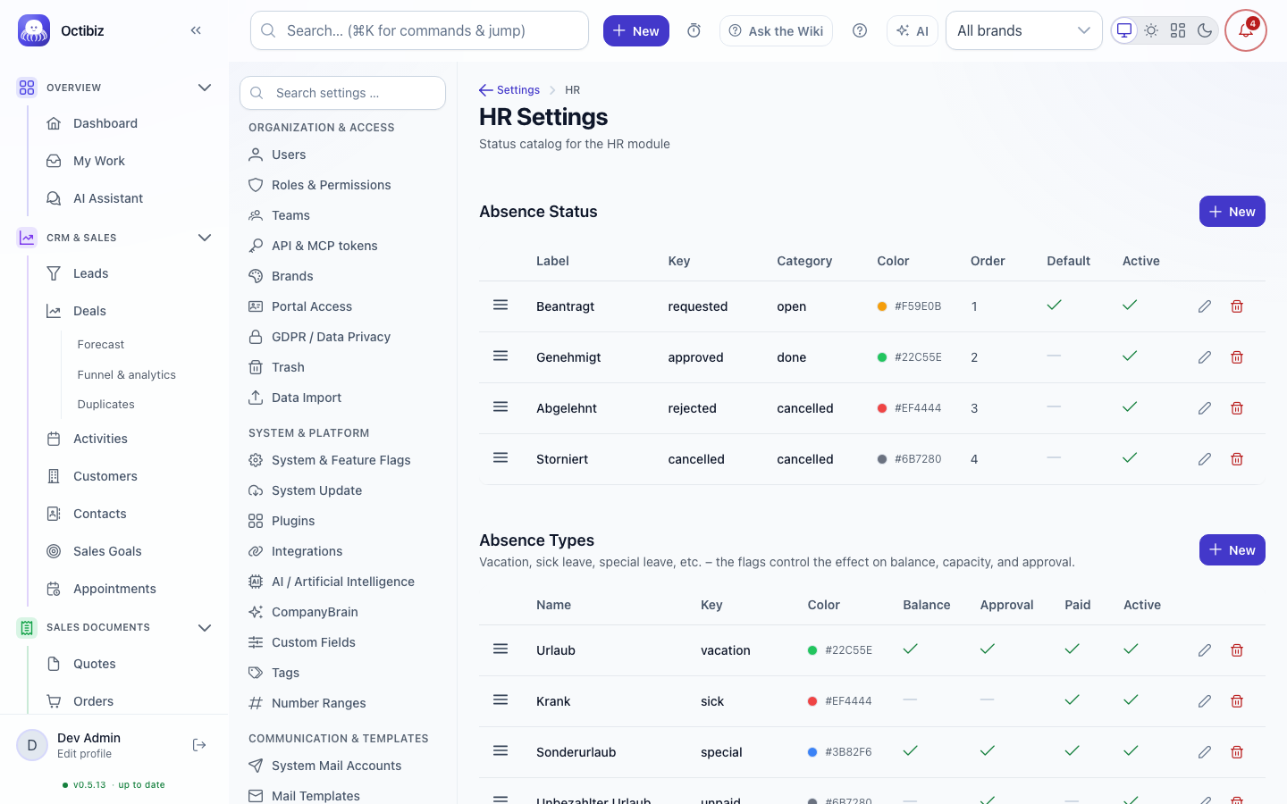 HR settings screen in Octibiz